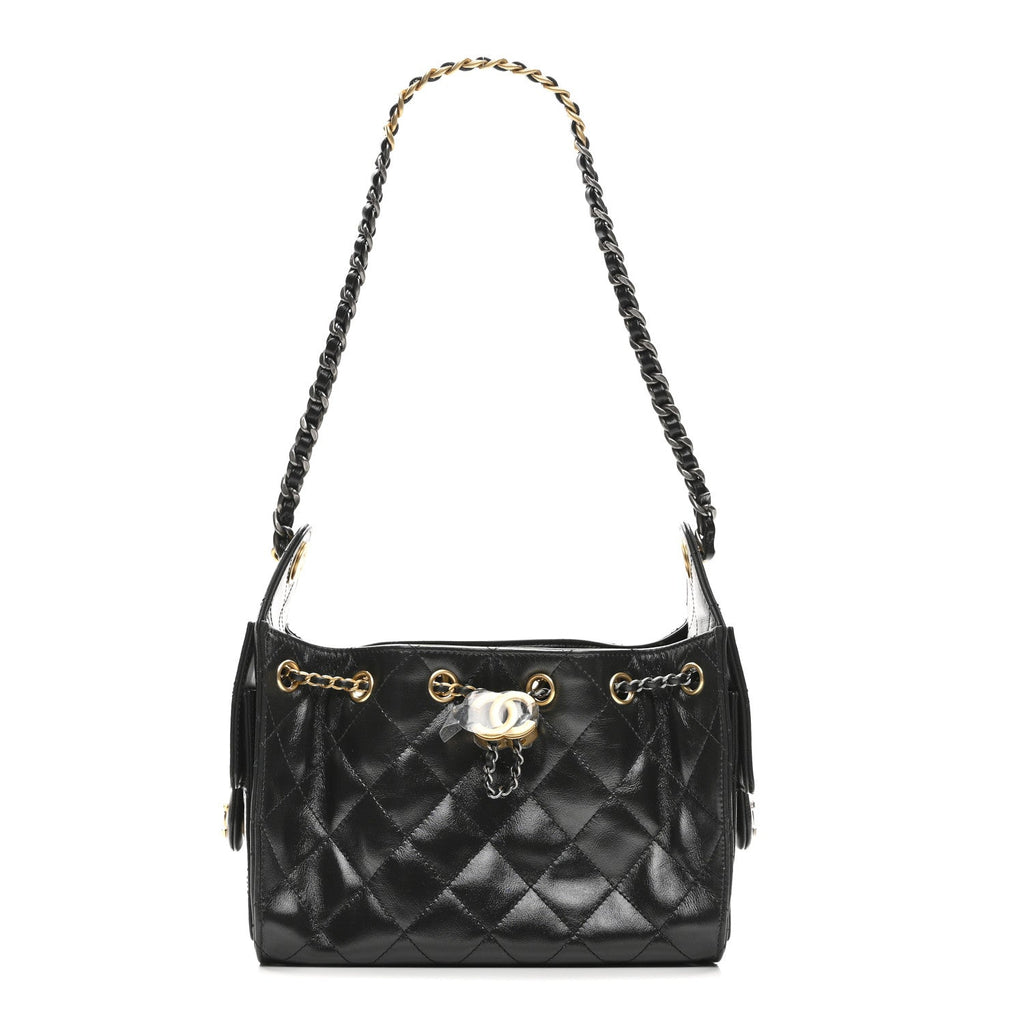 Chanel Shiny Crumpled Quilted Mini Chanel 25 Handbag Black