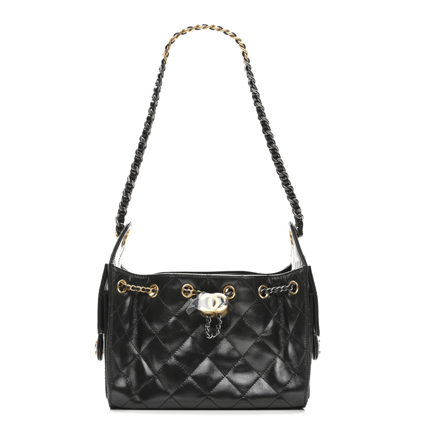 Chanel Shiny Crumpled Quilted Mini Chanel 25 Handbag Black