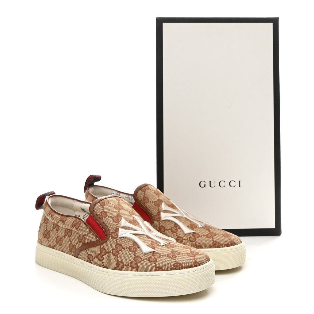 Gucci X MLB GG Monogram NY Yankees Embroidered Mens Slip On Sneakers 8 Beige Ruggine Rust