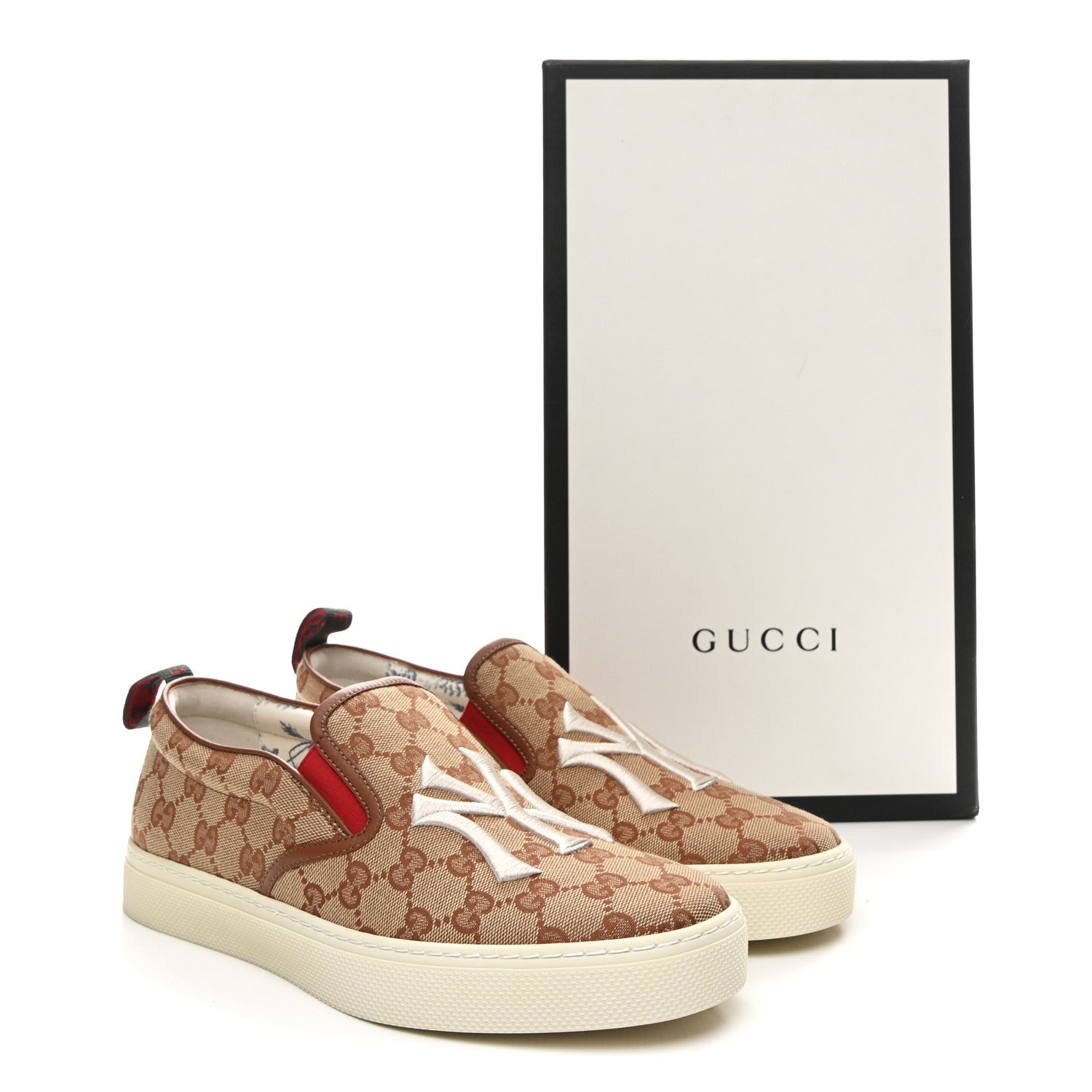 Gucci X MLB GG Monogram NY Yankees Embroidered Mens Slip On Sneakers 8 Beige Ruggine Rust