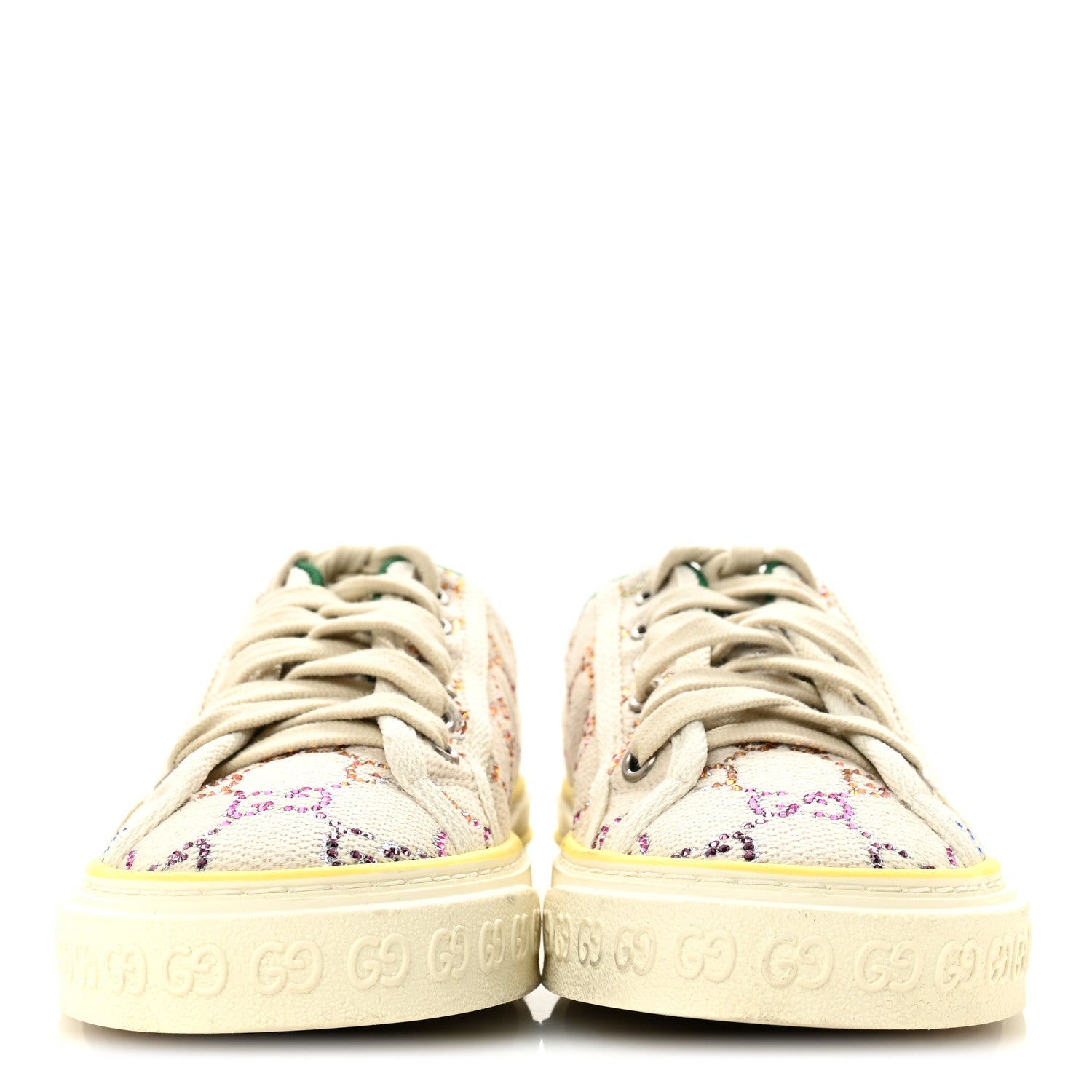 Gucci Canvas Lame Crystal GG Monogram Womens 1977 Tennis Sneakers 36 Gardenia Silver Mystic White