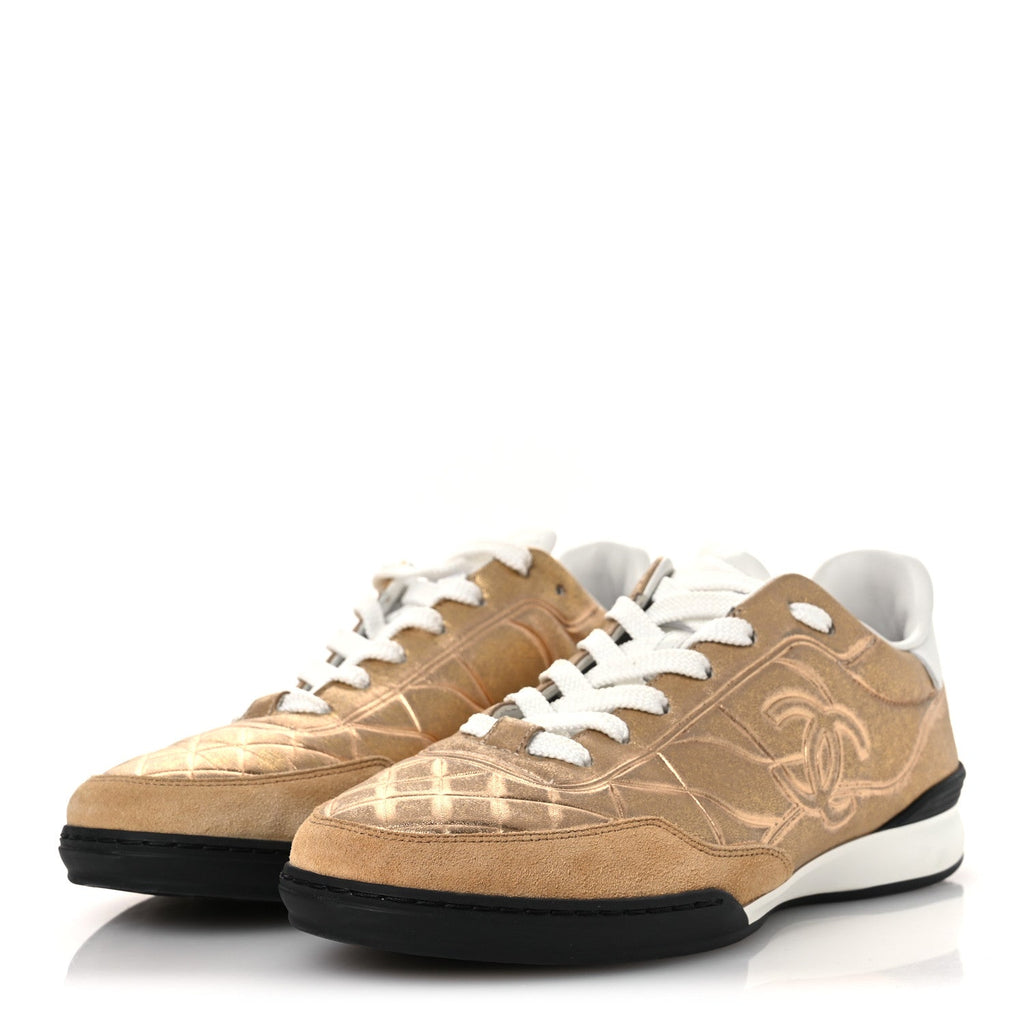 Laminated Calfskin Suede Quilted Womens CC Sneakers 39 Gold