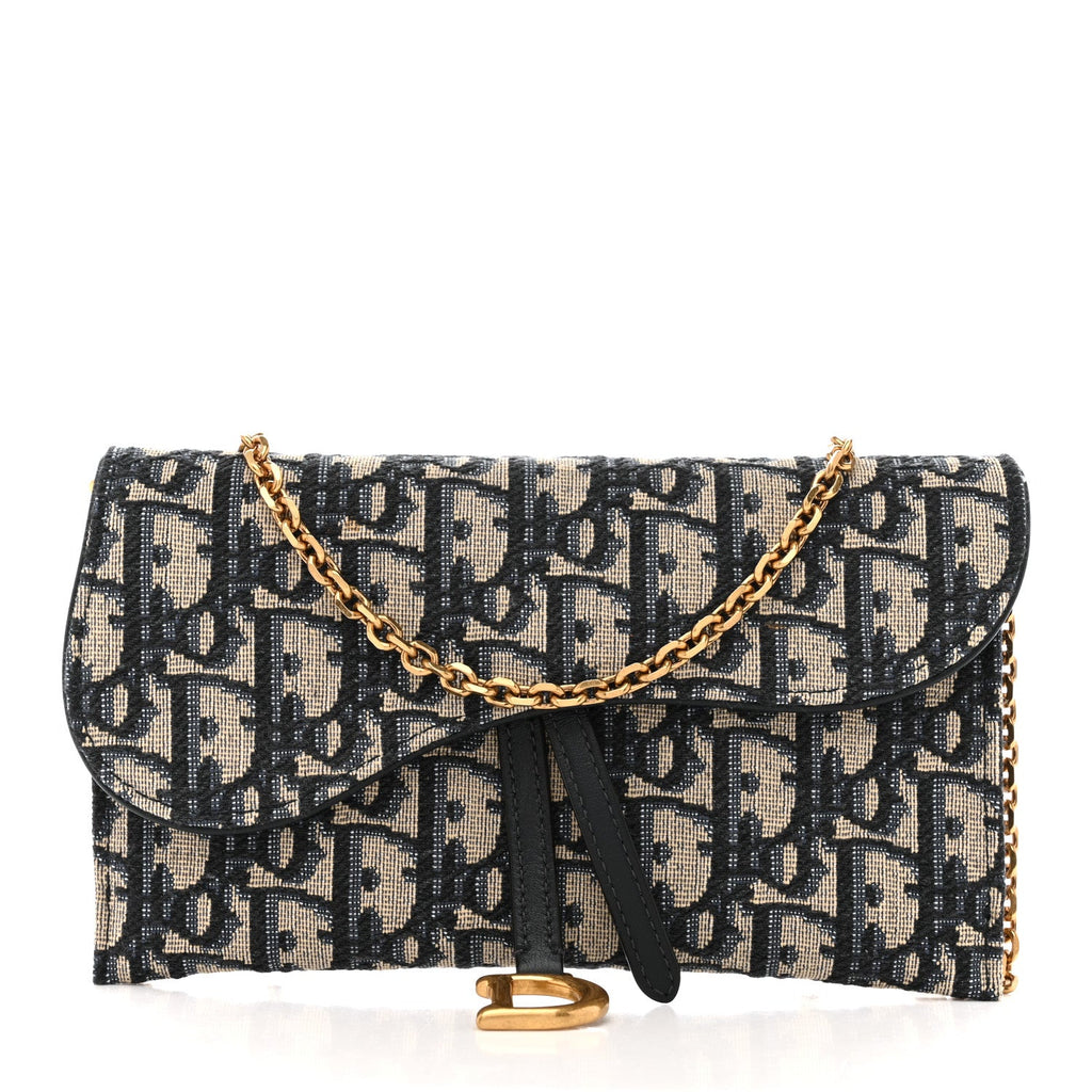 Christian Dior Oblique Saddle Chain Long Wallet Blue