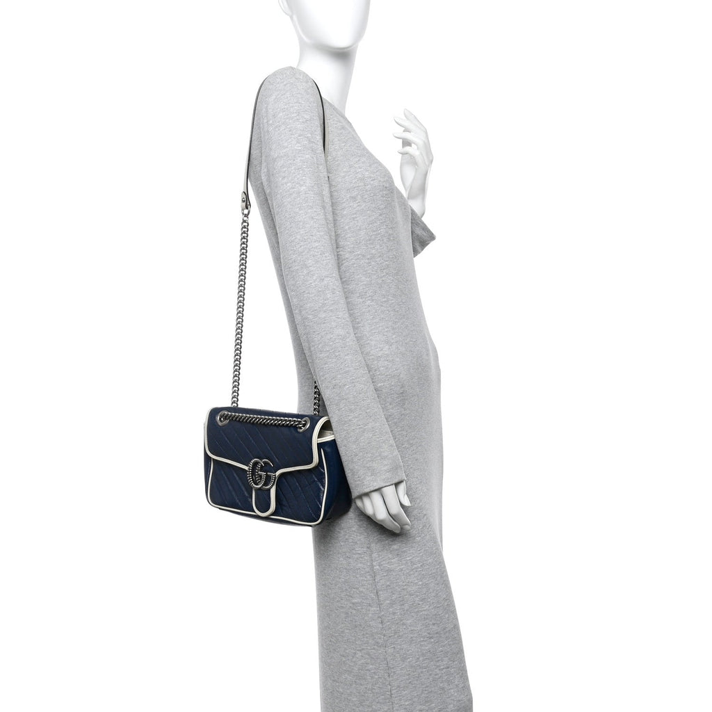 Gucci Vintage Effect Calfskin Matelasse Diagonal Small Torchon GG Marmont Shoulder Bag Blue Agata Mystic White