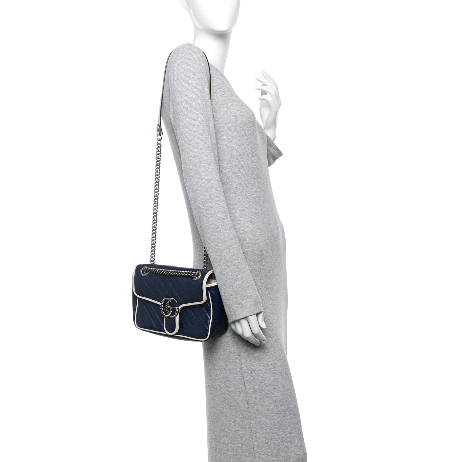 Gucci Vintage Effect Calfskin Matelasse Diagonal Small Torchon GG Marmont Shoulder Bag Blue Agata Mystic White