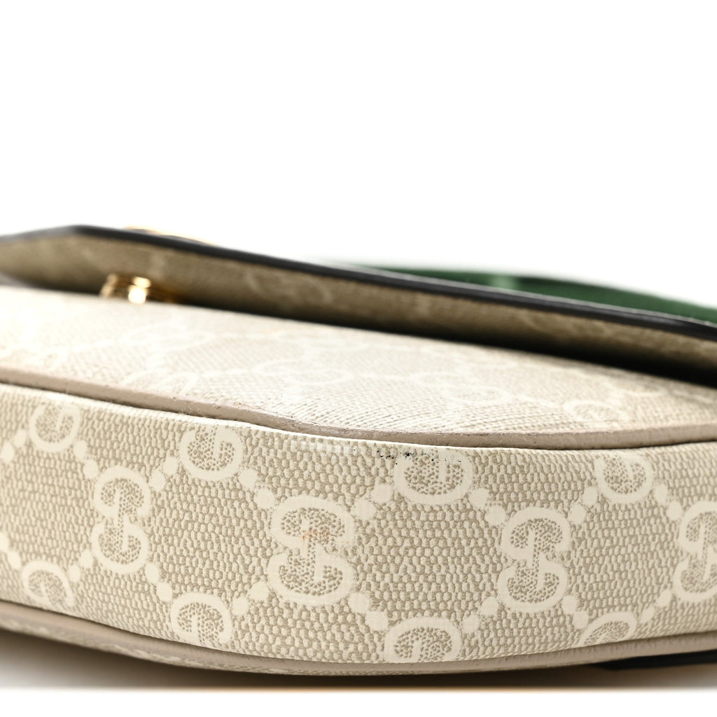 Gucci GG Supreme Monogram Textured Dollar Calfskin Web Mini Ophidia Envelope Shoulder Bag Beige Mystic White Oatmeal