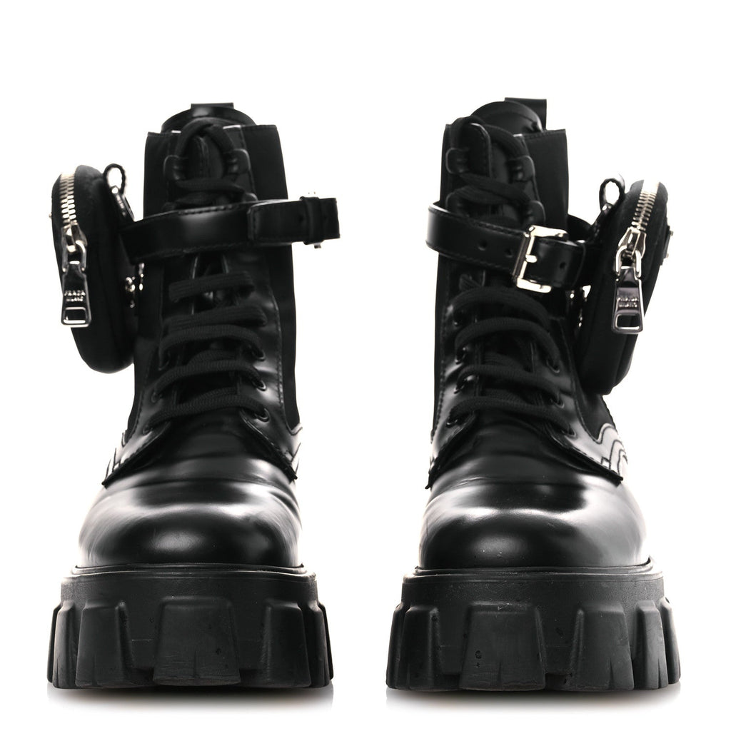Prada Spazzolato Rois Nylon Metal Triangle Logo Monolith Pouch Pocket 55mm Boots 37 Black