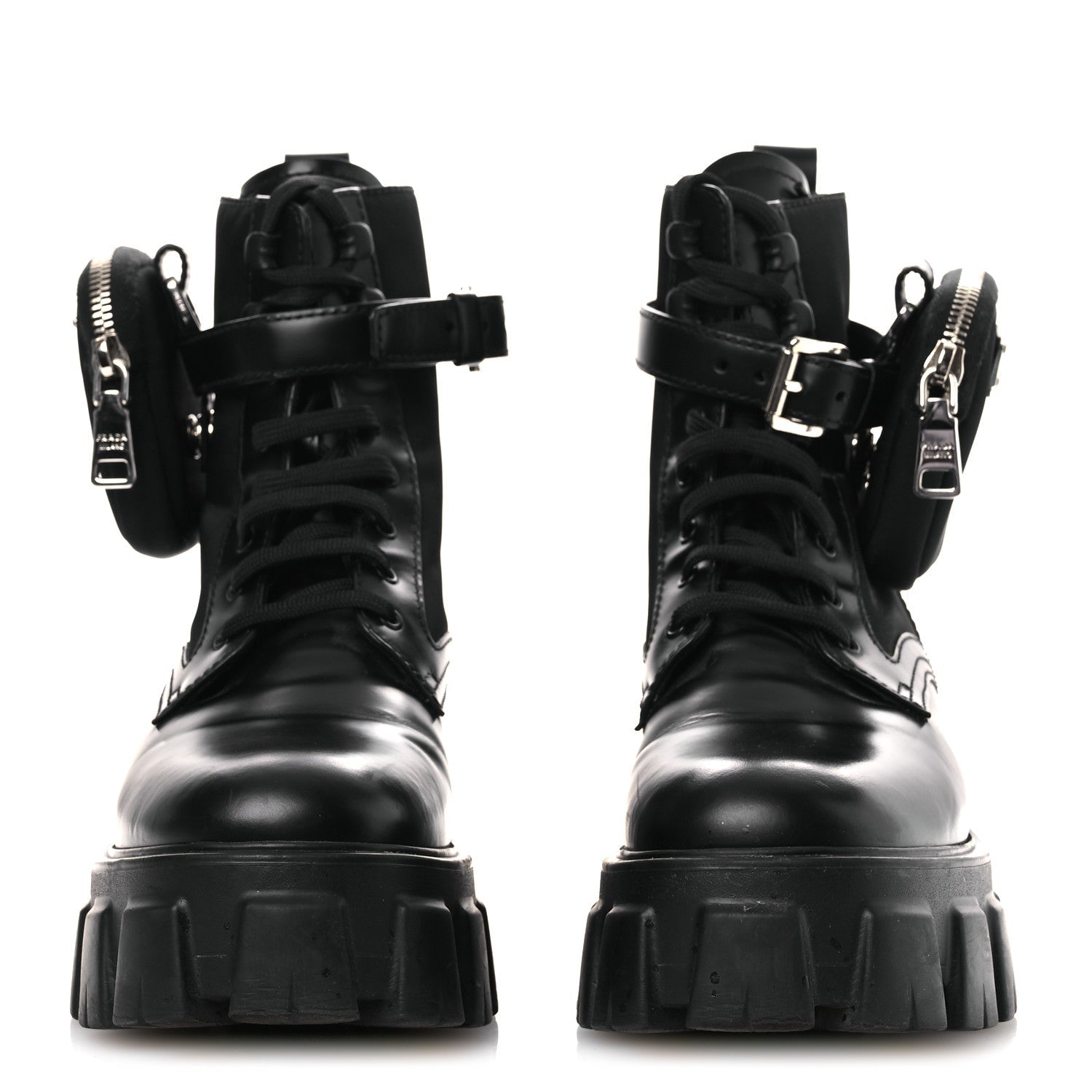 Prada Spazzolato Rois Nylon Metal Triangle Logo Monolith Pouch Pocket 55mm Boots 37 Black