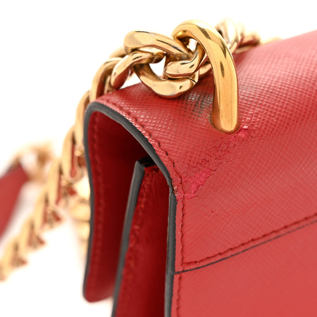 Prada Saffiano Turn Lock Chain Shoulder Bag Fuoco
