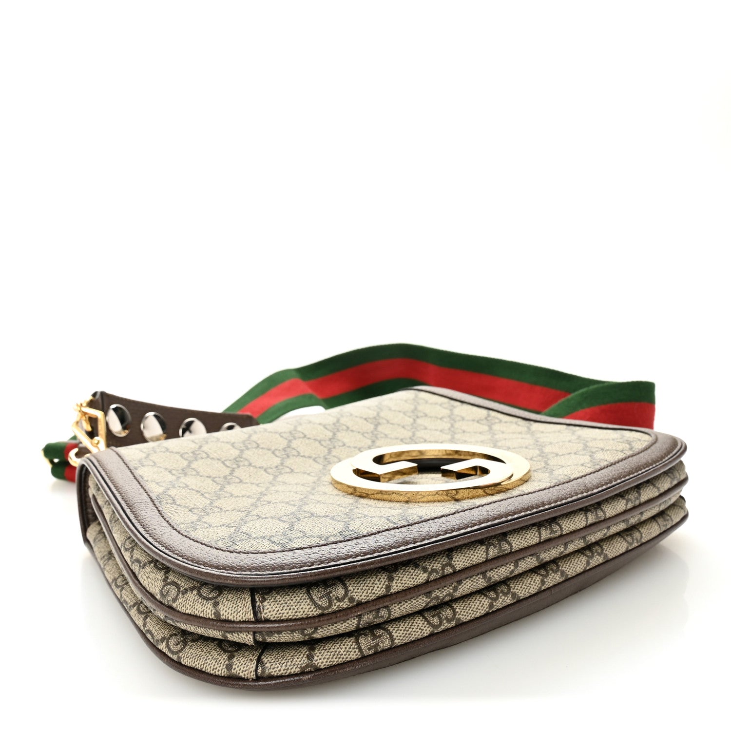 Gucci GG Supreme Monogram Textured Dollar Calfskin Web Medium Blondie Top Handle Shoulder Flap Bag Beige Ebony New Acero