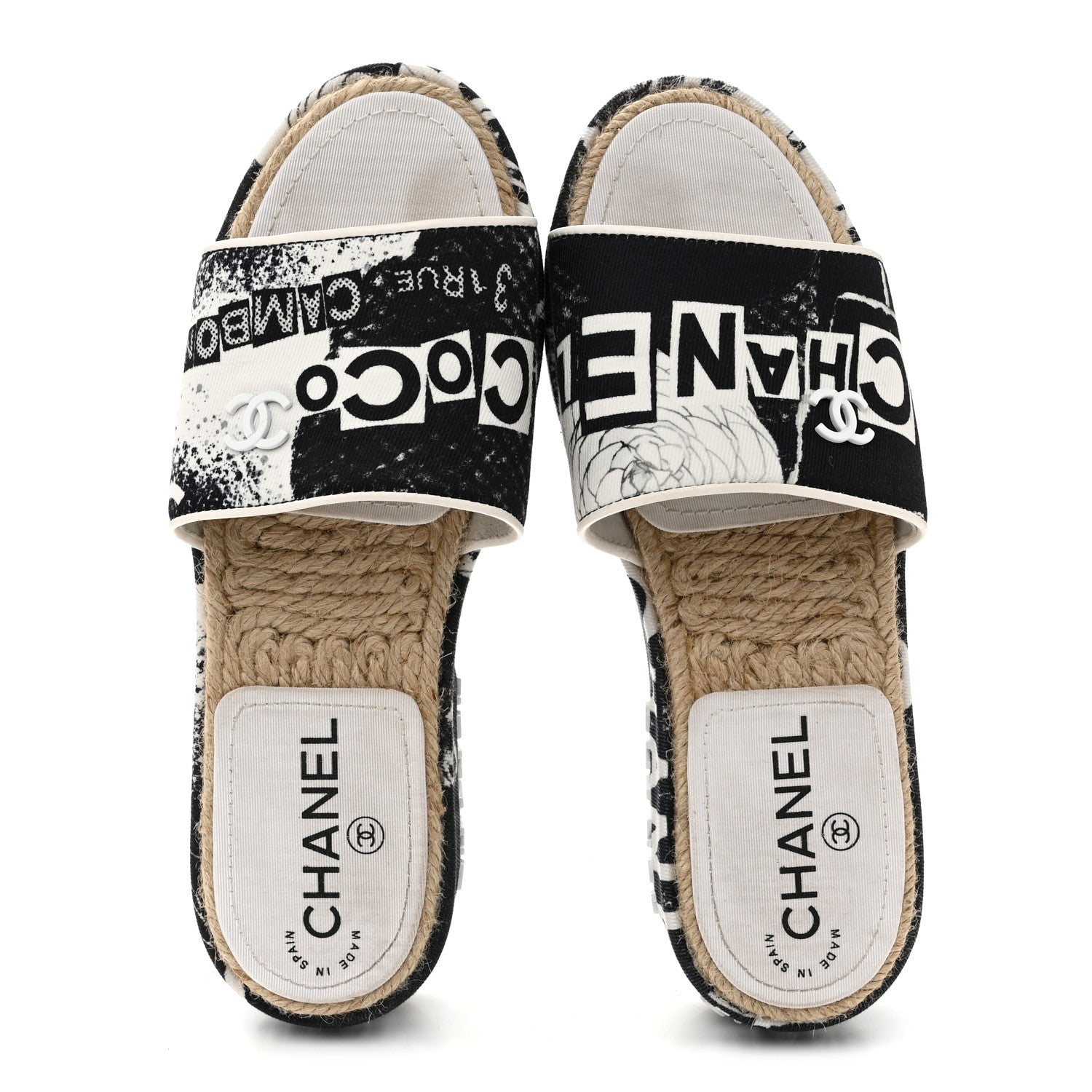 Fabric Grosgrain Printed CC Espadrille Slip On Sandals 36 Black White