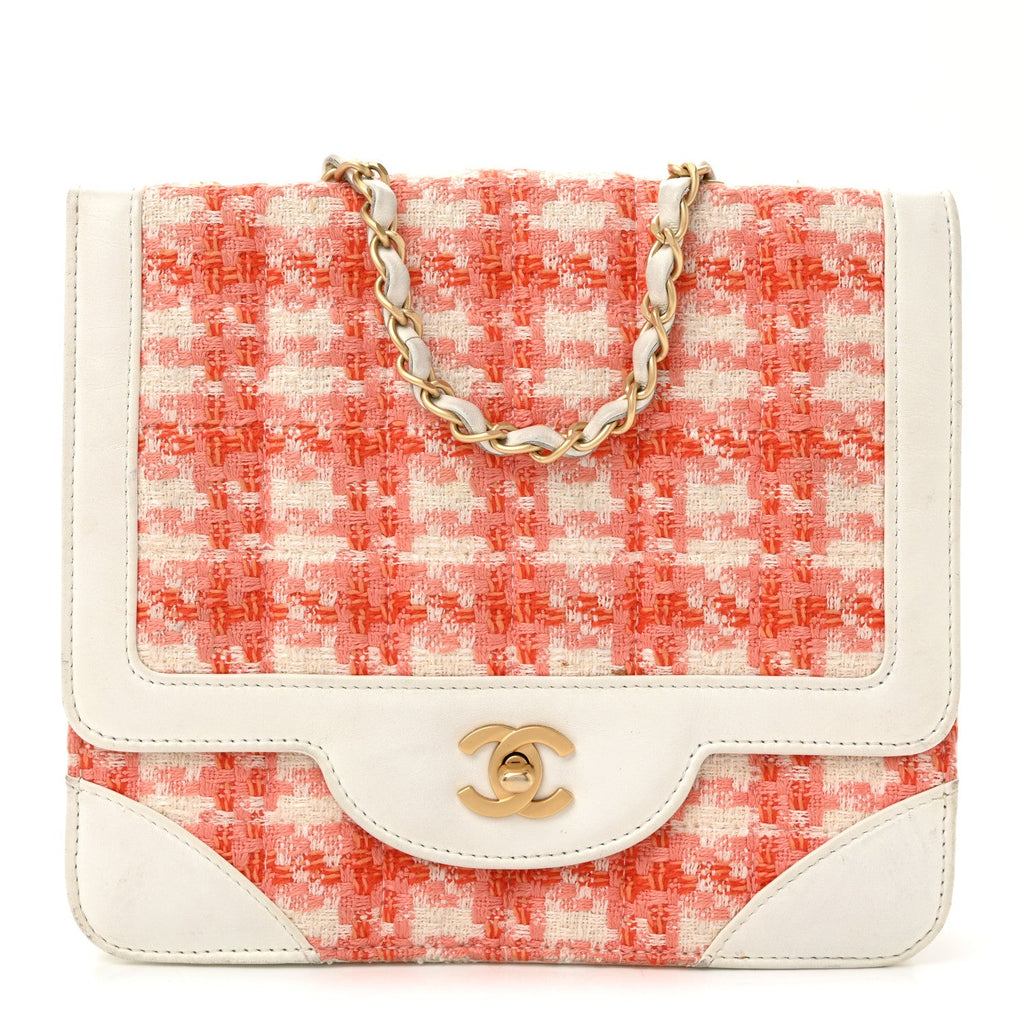 Chanel Tweed Calfskin Square Flap Bag Orange White