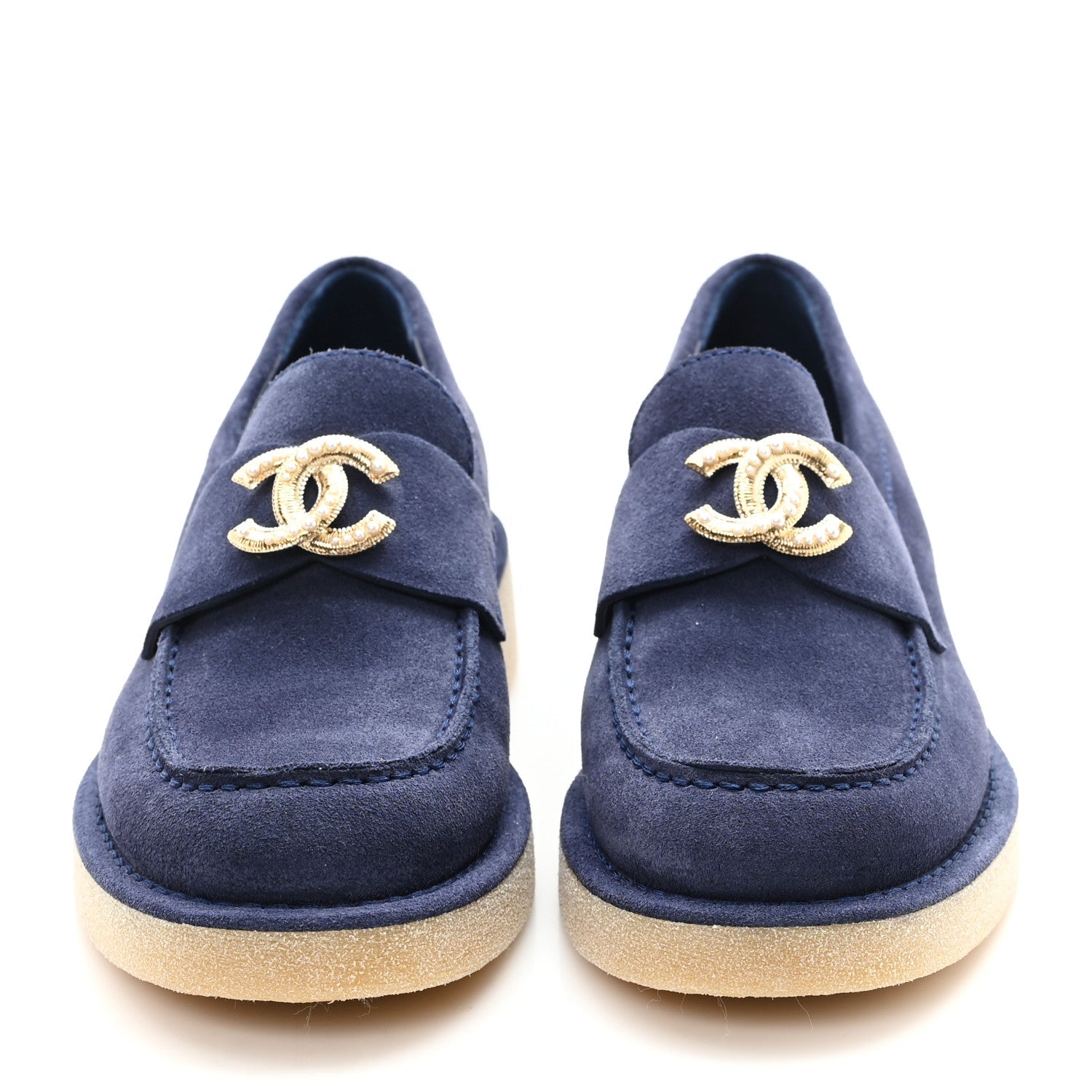 Chanel Suede Calfskin Pearl CC Moccasin Loafers 37 Navy