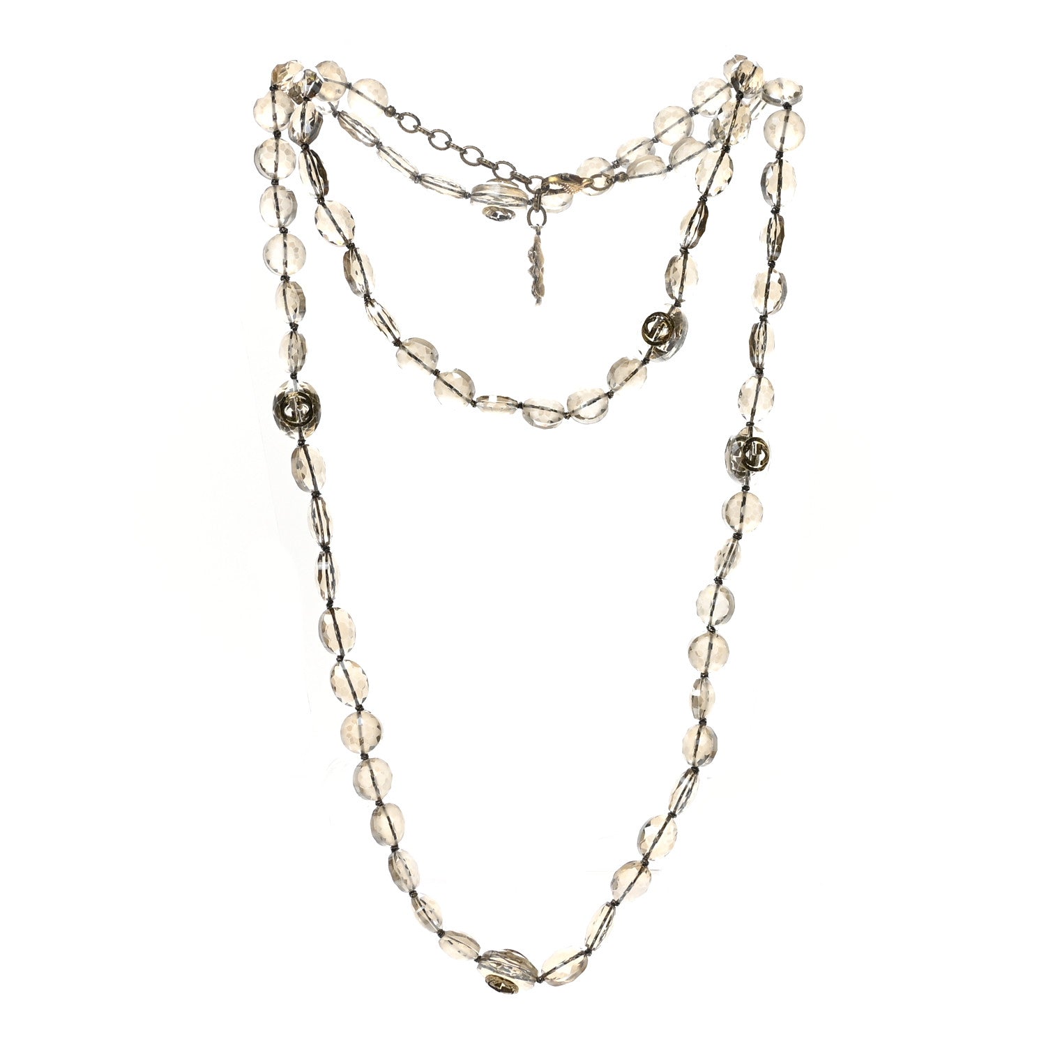 Gucci Metal Crystal Bead Flower Long Necklace Gold