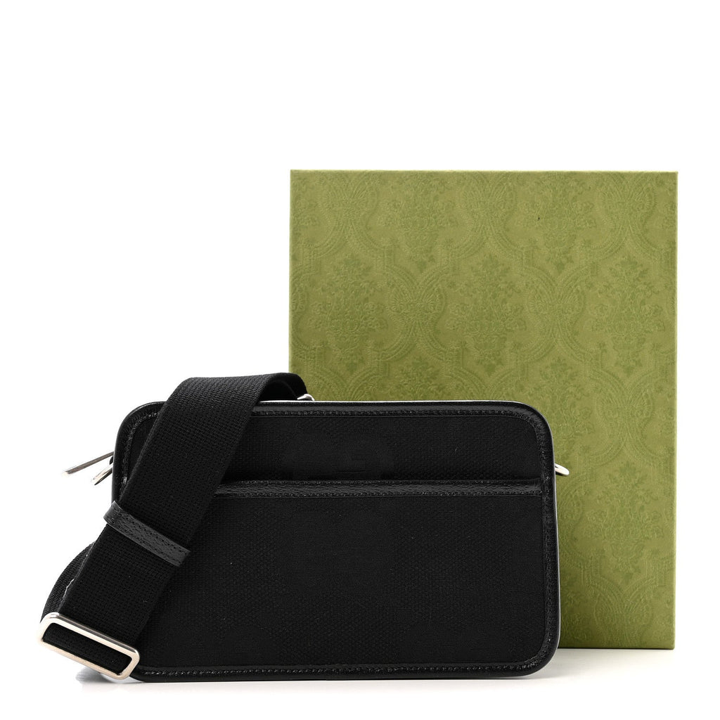 Gucci Monogram Jumbo GG Textured Dollar Calfskin Web Mini Crossbody Bag Black