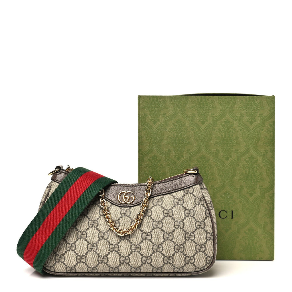 Gucci GG Supreme Monogram Textured Dollar Calfskin Web Small Ophidia GG Handbag Beige Ebony New Acero