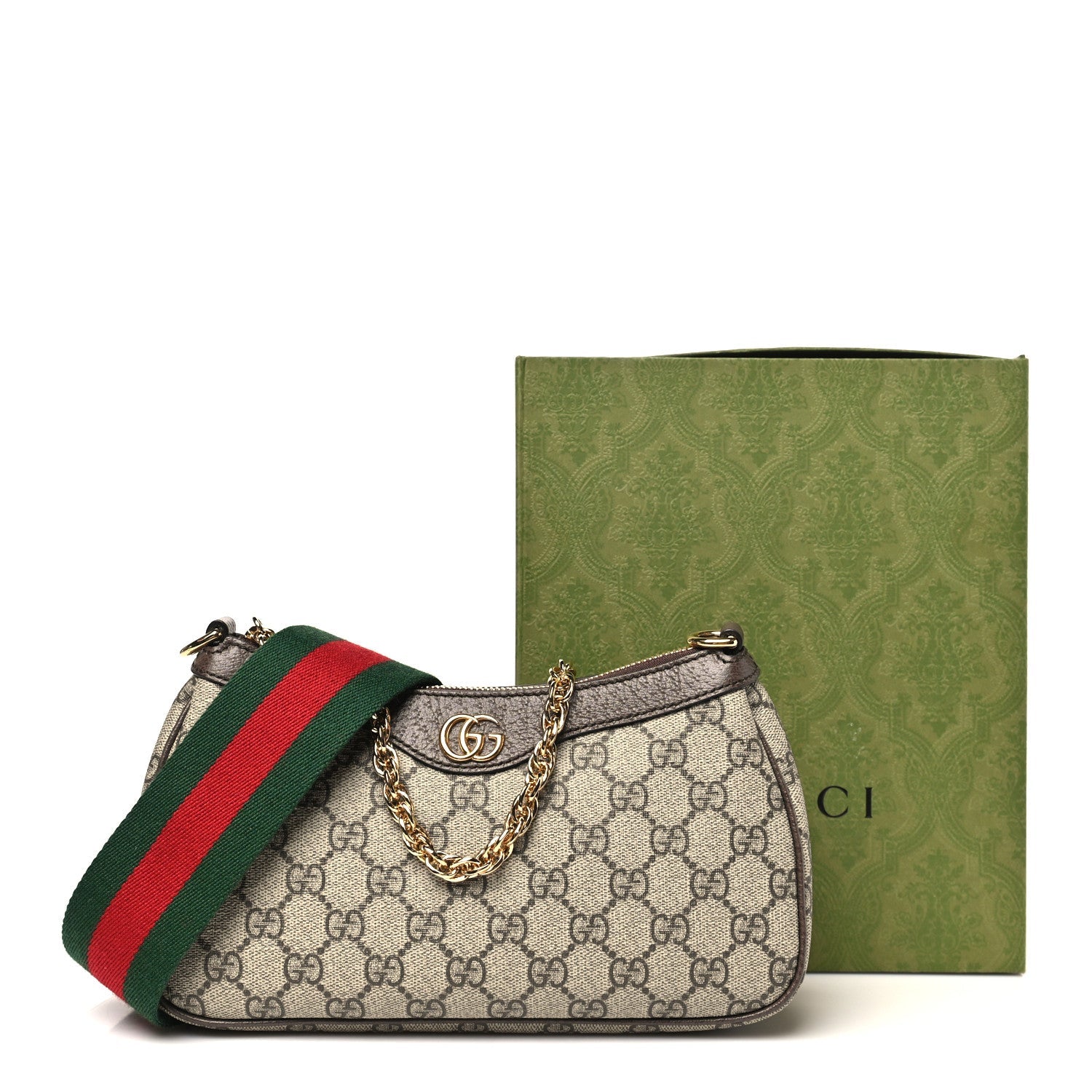 Gucci GG Supreme Monogram Textured Dollar Calfskin Web Small Ophidia GG Handbag Beige Ebony New Acero