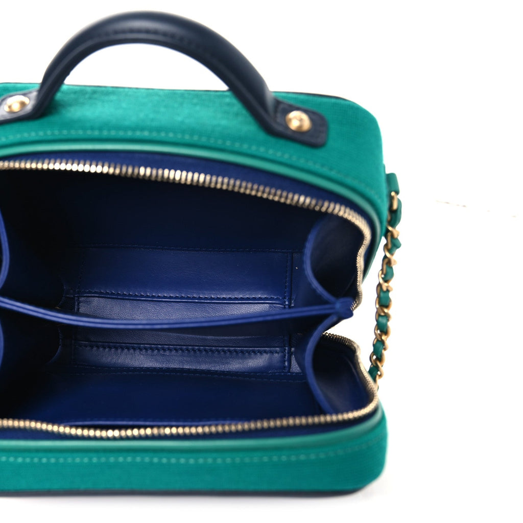 Chanel Jersey Quilted Small CC Filigree Vanity Case Blue Green