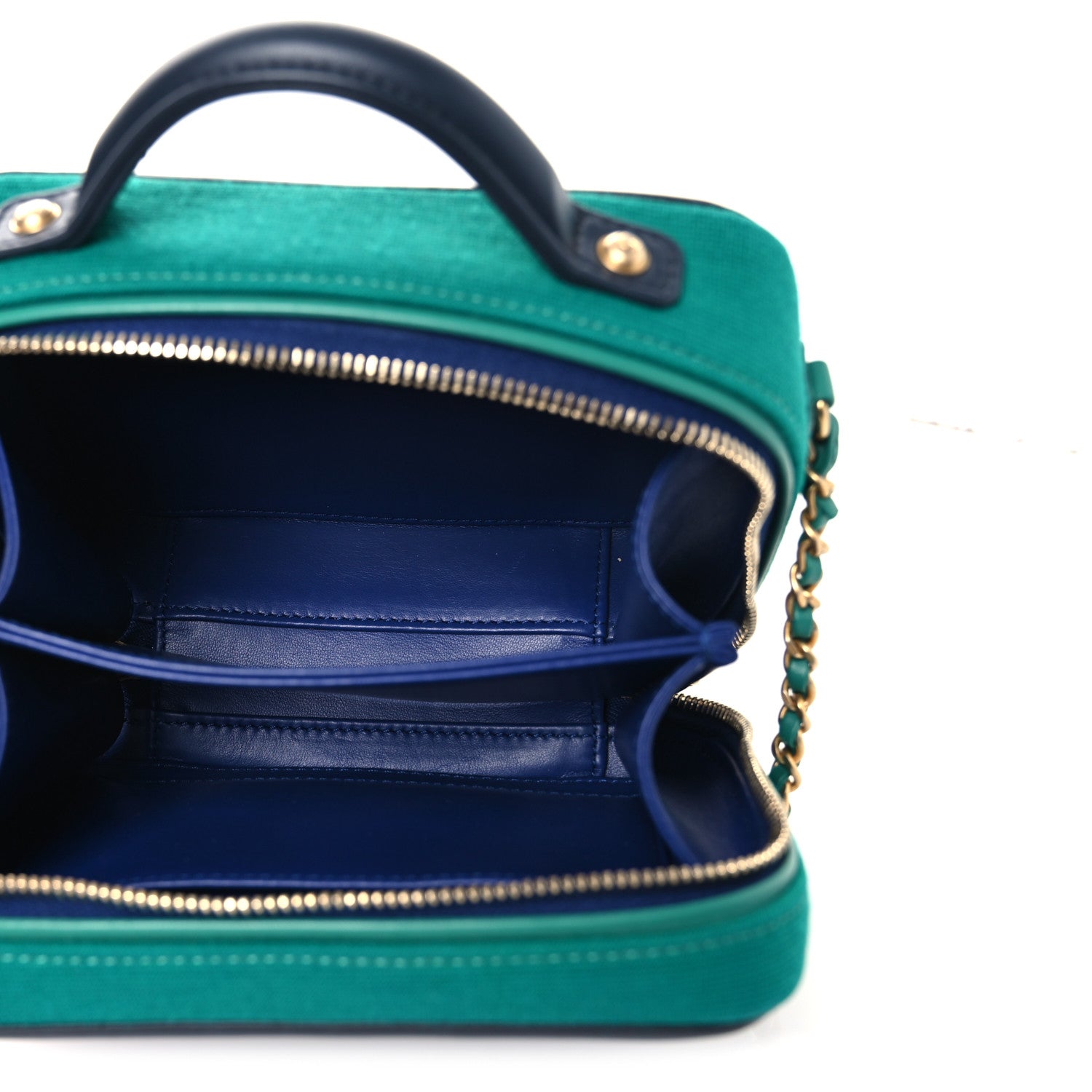 Chanel Jersey Quilted Small CC Filigree Vanity Case Blue Green