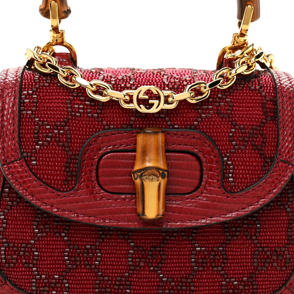 Gucci Moire Fabric Calfskin Rhinestone Monogram Monochrome Lizard Embossed Mini Bamboo 1947 Top Handle Chain Bag Red