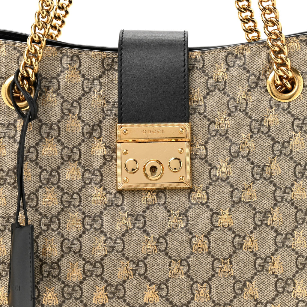 Gucci GG Supreme Monogram Bees Medium Padlock Tote Beige Oro Black