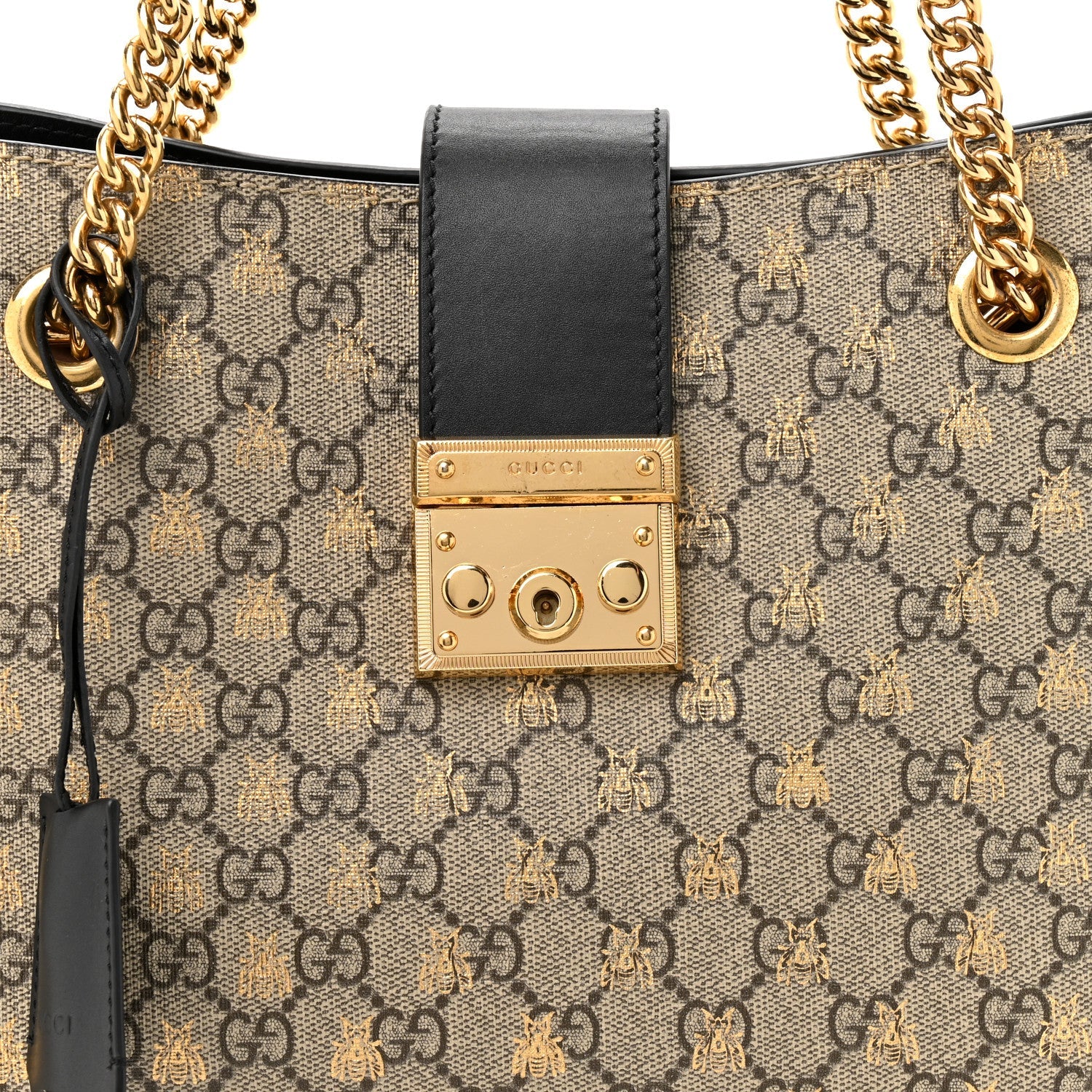 Gucci GG Supreme Monogram Bees Medium Padlock Tote Beige Oro Black