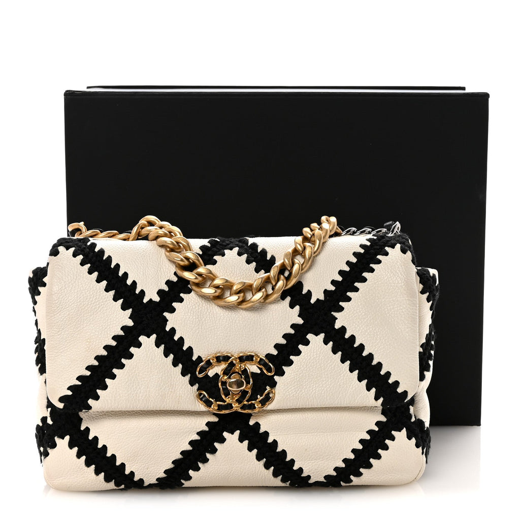 Chanel Calfskin Crochet Medium Chanel 19 Flap White Black