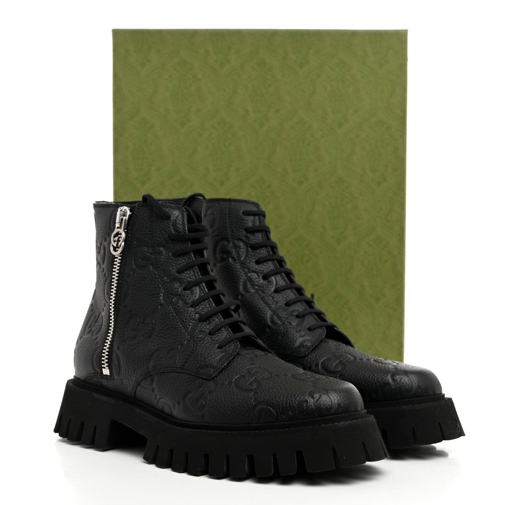Gucci Calfskin Embossed Monogram Lace Up Ankle Boots 8 Black