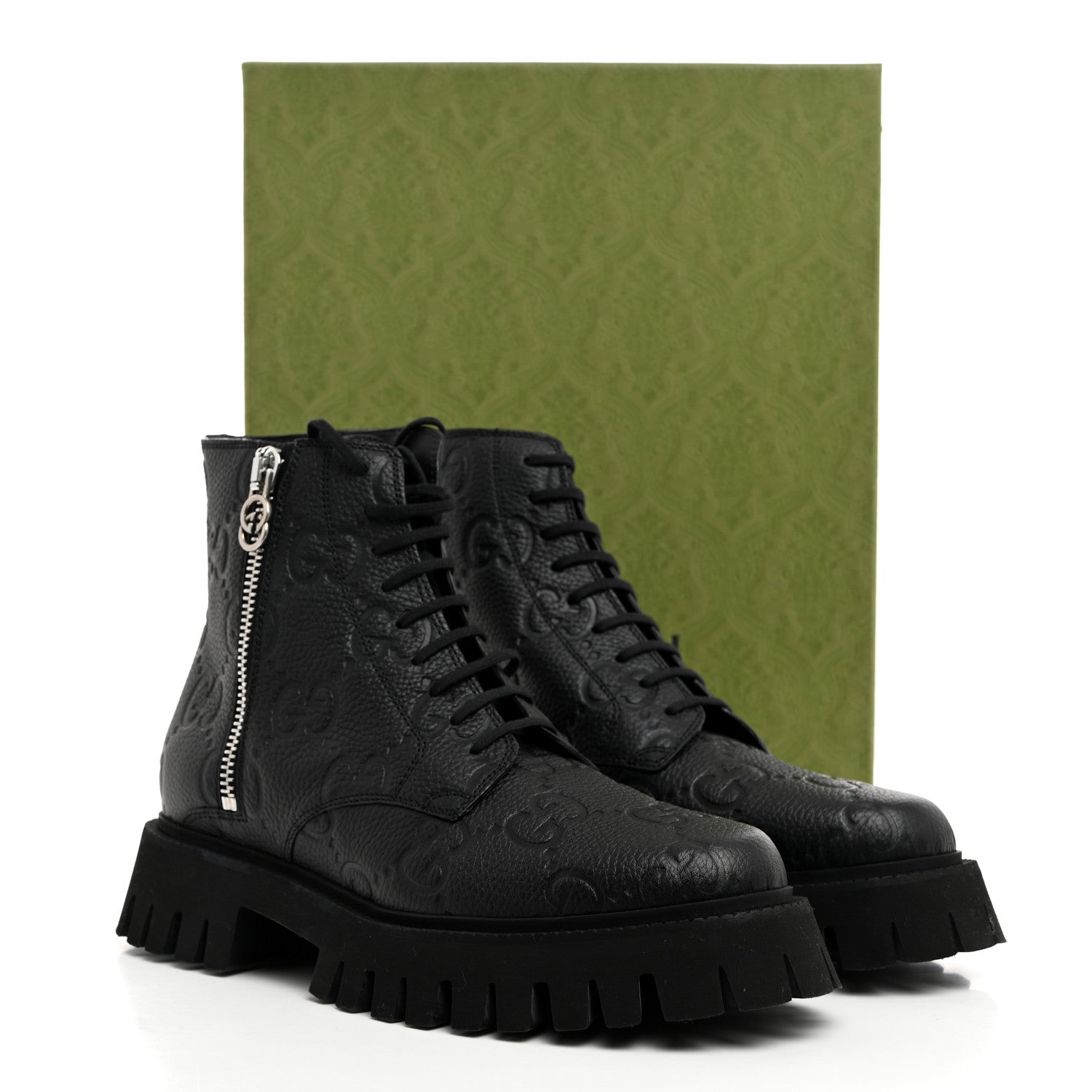 Gucci Calfskin Embossed Monogram Lace Up Ankle Boots 8 Black