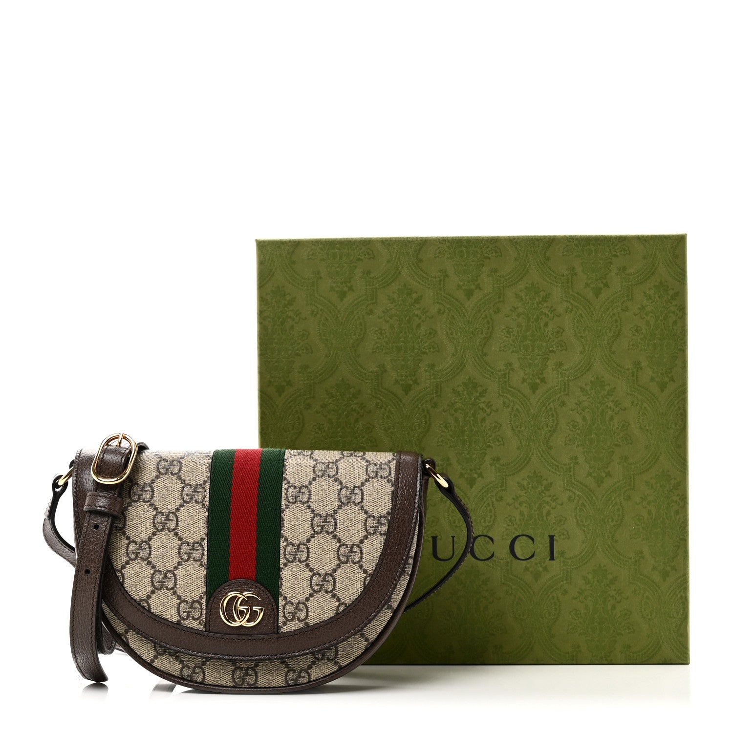 Gucci GG Supreme Monogram Textured Dollar Calfskin Web Mini Ophidia Flap Shoulder Bag Beige Ebony New Acero