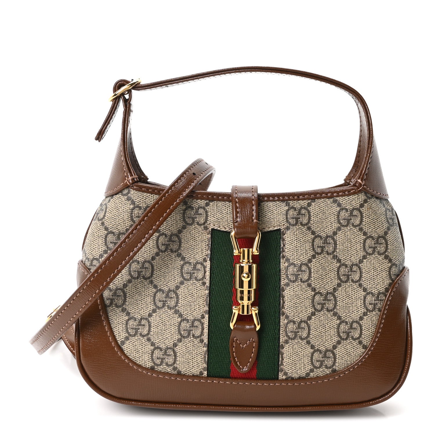 Gucci GG Supreme Monogram Azalea Calfskin Web Mini Jackie 1961 Hobo Beige Ebony Brown Sugar
