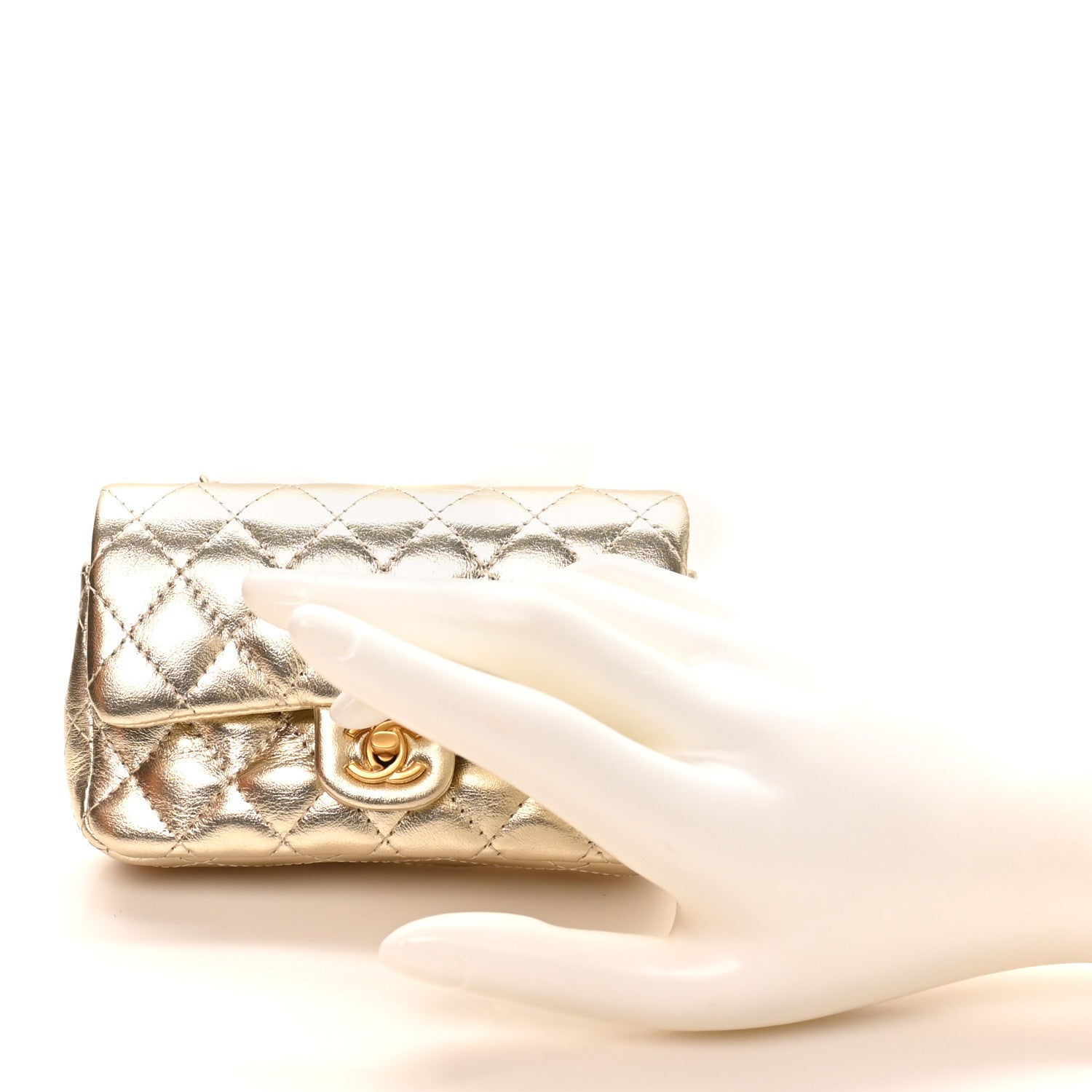 Metallic Calfskin Quilted Mini Flap Bag Charm With Hook Golden
