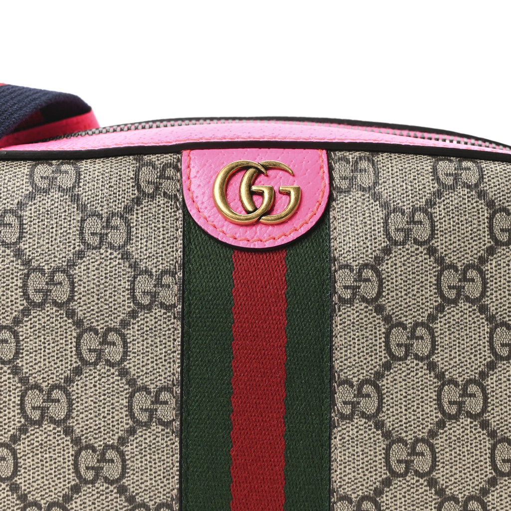Gucci GG Supreme Monogram Textured Dollar Calfskin Web Ophidia Small Crossbody Bag Beige Ebony Fuchsia