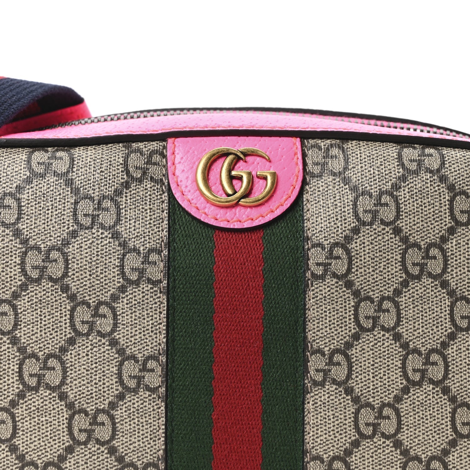 Gucci GG Supreme Monogram Textured Dollar Calfskin Web Ophidia Small Crossbody Bag Beige Ebony Fuchsia