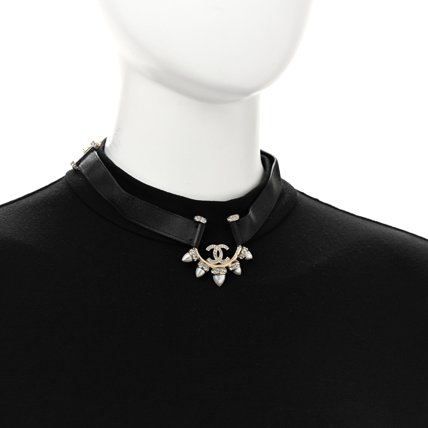 Lambskin Spike Pearl Crystal CC Choker Black