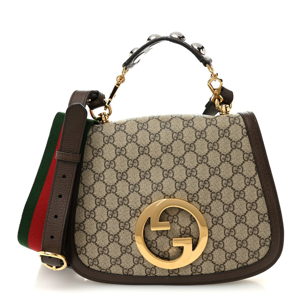 Gucci GG Supreme Monogram Textured Dollar Calfskin Web Medium Blondie Top Handle Shoulder Flap Bag Beige Ebony New Acero