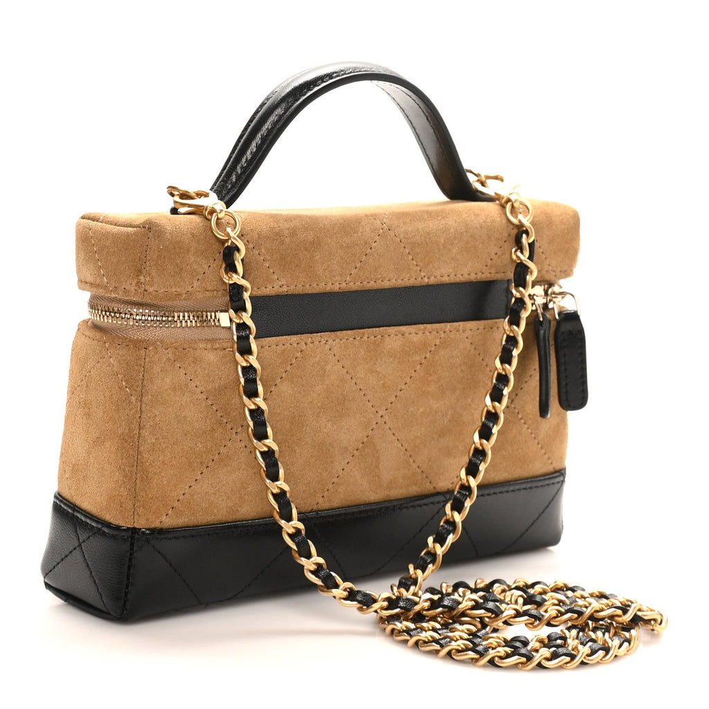 Chanel Suede Calfskin Shiny Lambskin Stitched Top Handle Slim Vanity Case With Chain Beige Black