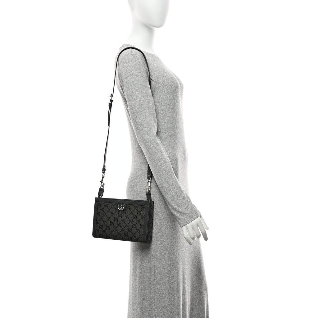 Gucci GG Supreme Monogram Textured Dollar Calfskin Web Small Ophidia Shoulder Bag  Grey Black Graphite Grey