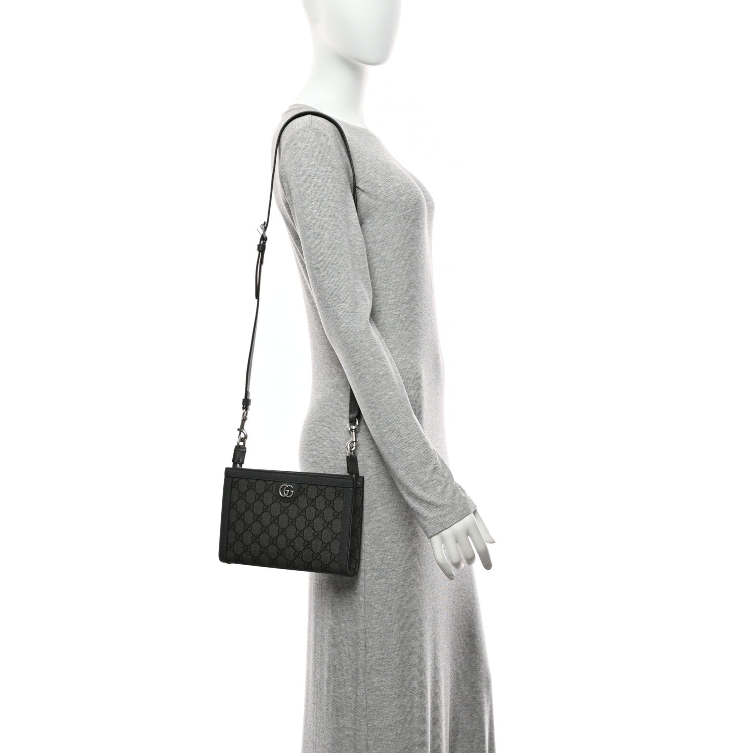 Gucci GG Supreme Monogram Textured Dollar Calfskin Web Small Ophidia Shoulder Bag  Grey Black Graphite Grey