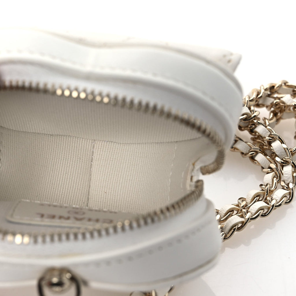 Chanel Lambskin Quilted CC In Love Heart Coin Purse With Chain White