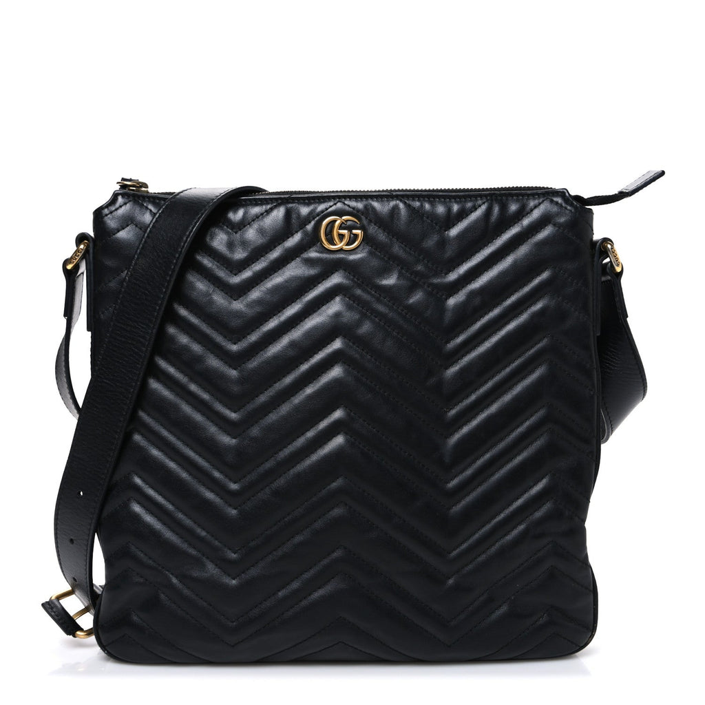 Gucci Calfskin Matelasse GG Marmont Flat Messenger Bag Black