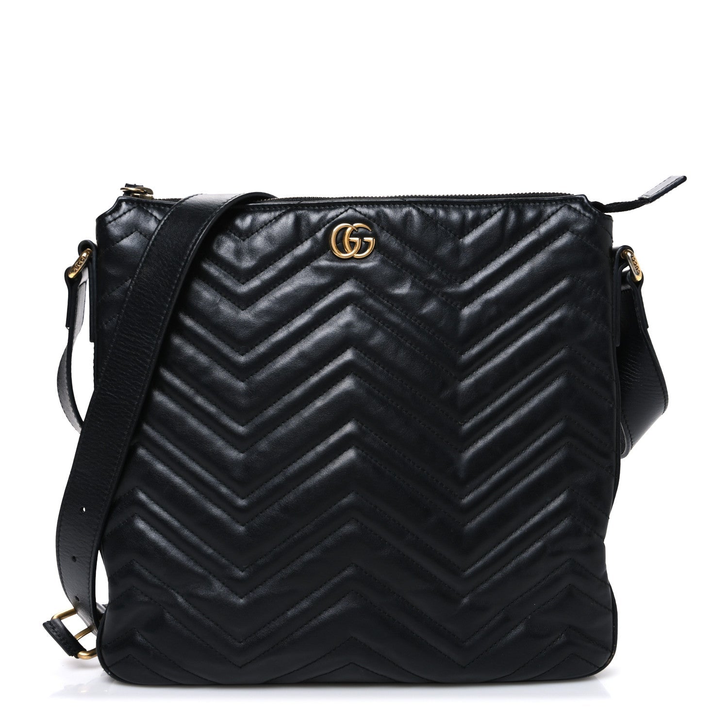 Gucci Calfskin Matelasse GG Marmont Flat Messenger Bag Black