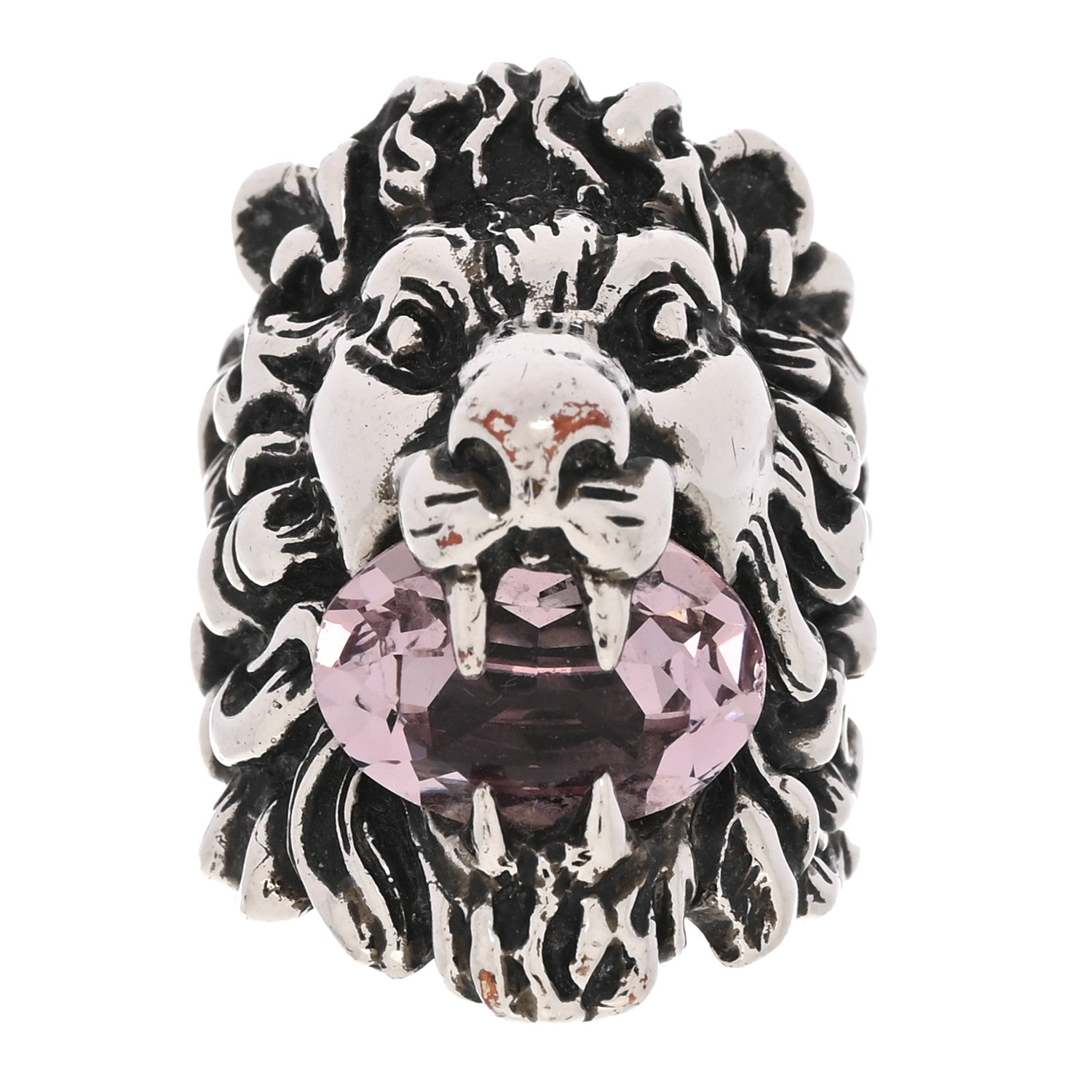 Gucci Metal Crystal Lion Head Ring 53 6.25 Pink Silver