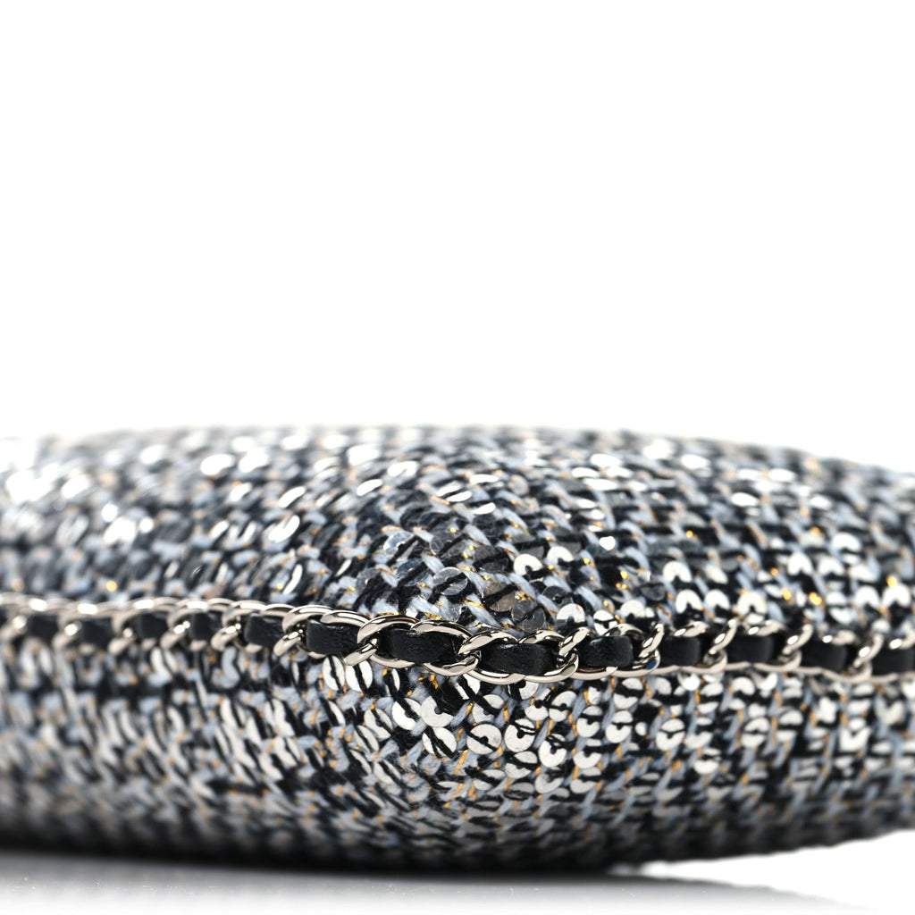 Chanel Tweed Sequin Chain Around Phone Holder Silver Black