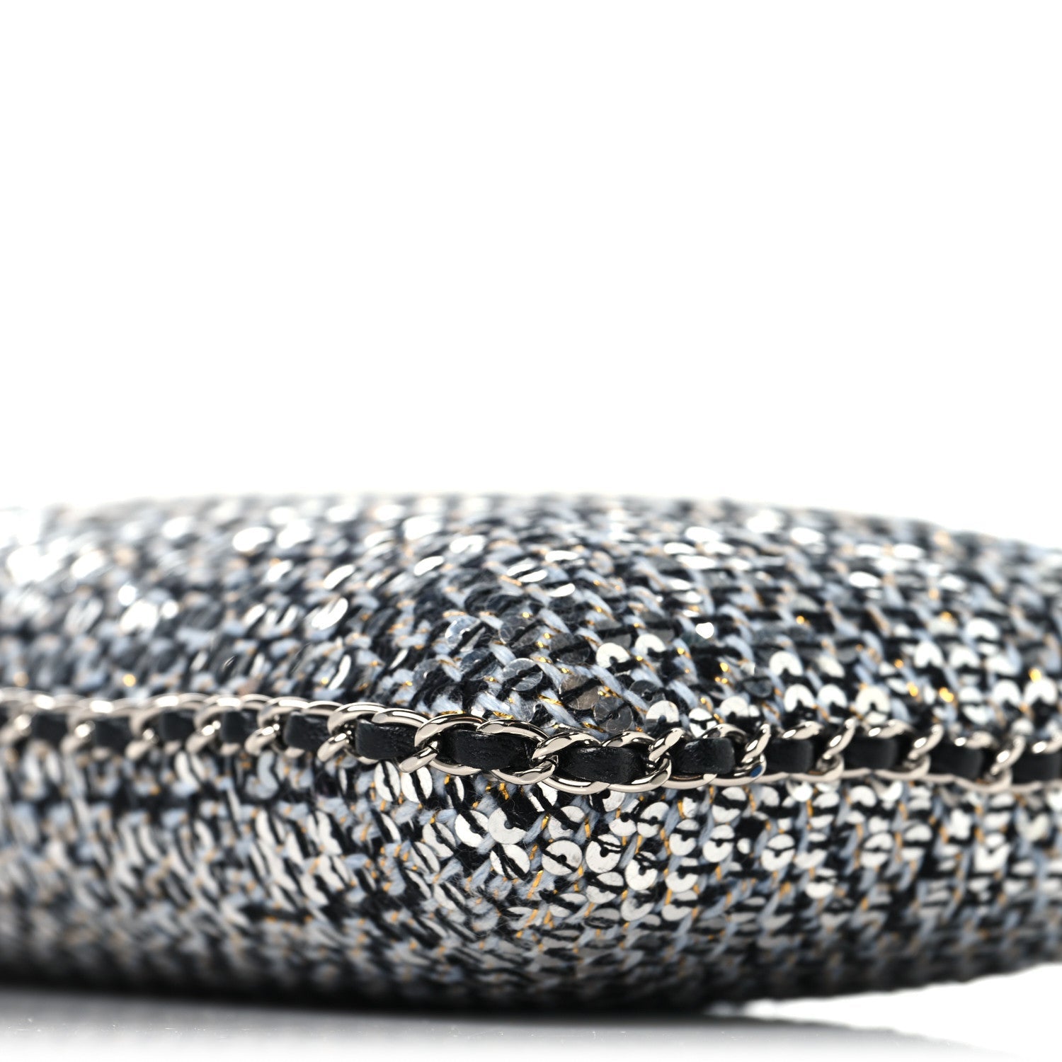 Chanel Tweed Sequin Chain Around Phone Holder Silver Black