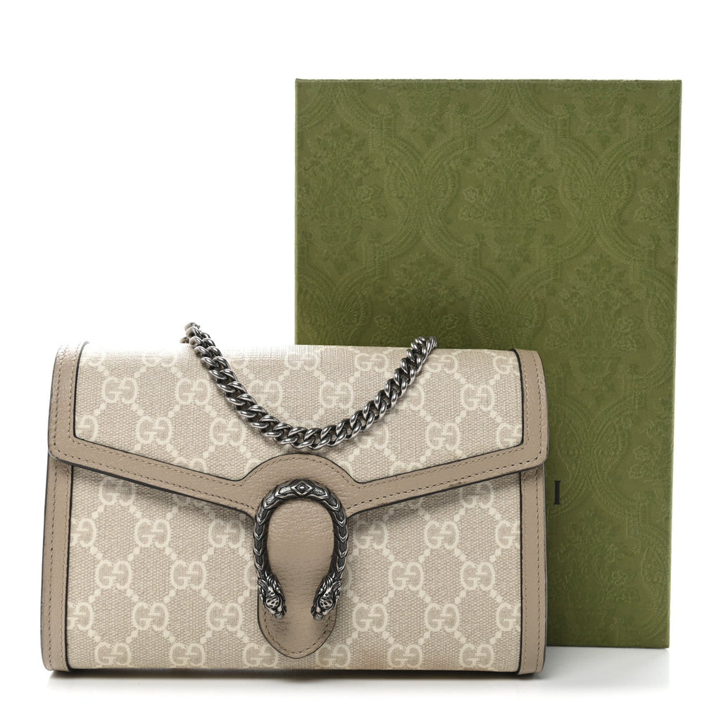 Gucci GG Supreme Monogram Textured Dollar Calfskin Mini Dionysus Chain Wallet Beige Mystic White Oatmeal