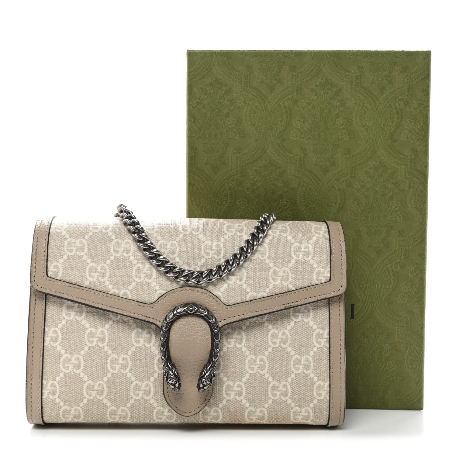 Gucci GG Supreme Monogram Textured Dollar Calfskin Mini Dionysus Chain Wallet Beige Mystic White Oatmeal
