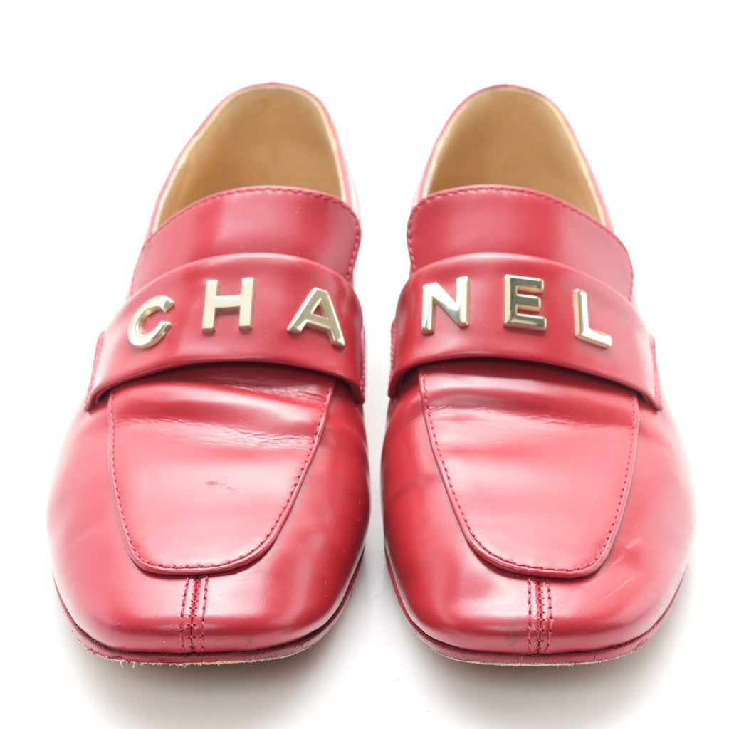 Chanel Shiny Calfskin Logo Loafers 36.5 Red