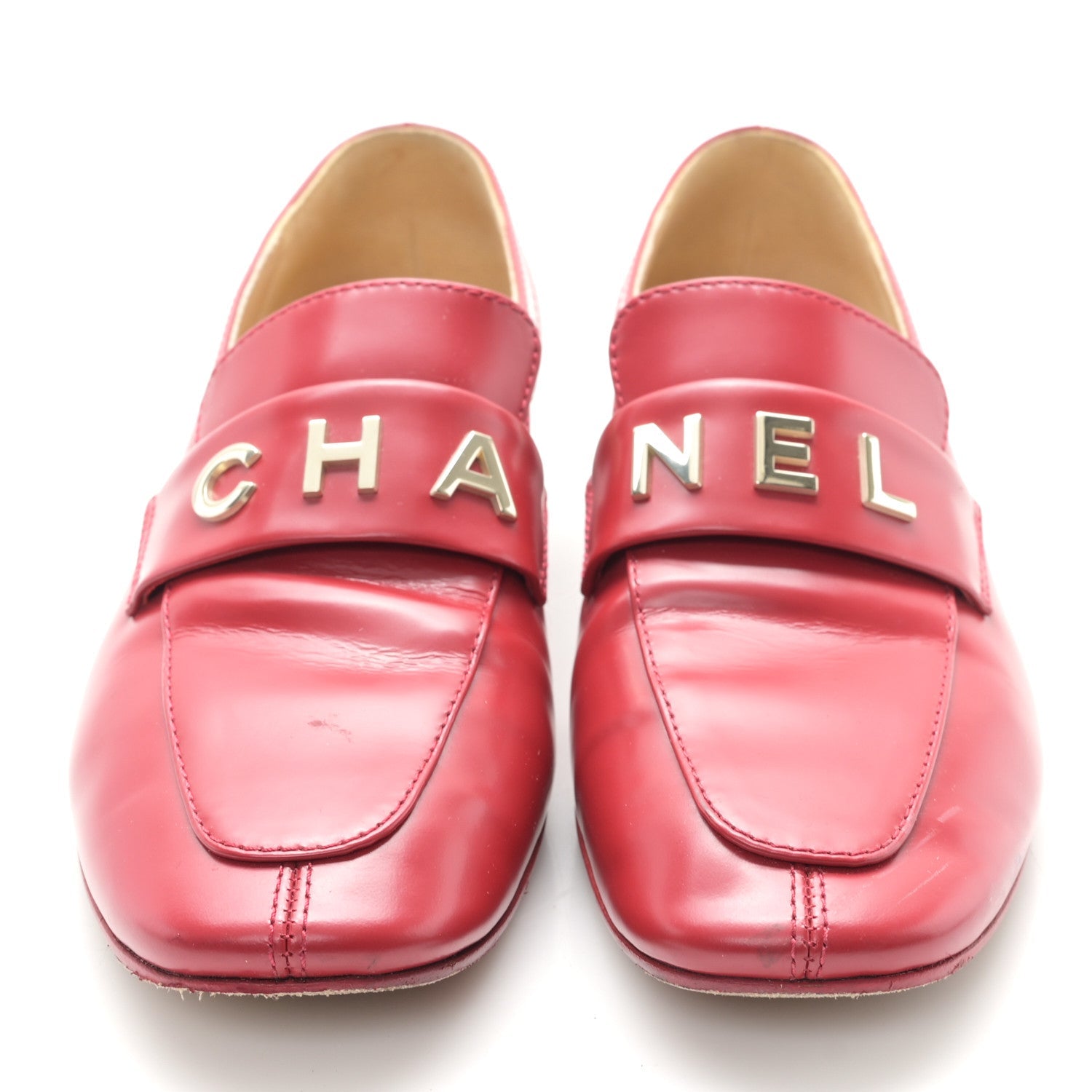 Chanel Shiny Calfskin Logo Loafers 36.5 Red