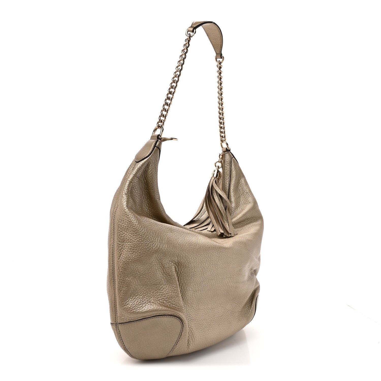 Gucci Metallic Pebbled Calfskin Medium Soho Chain Hobo Golden Beige